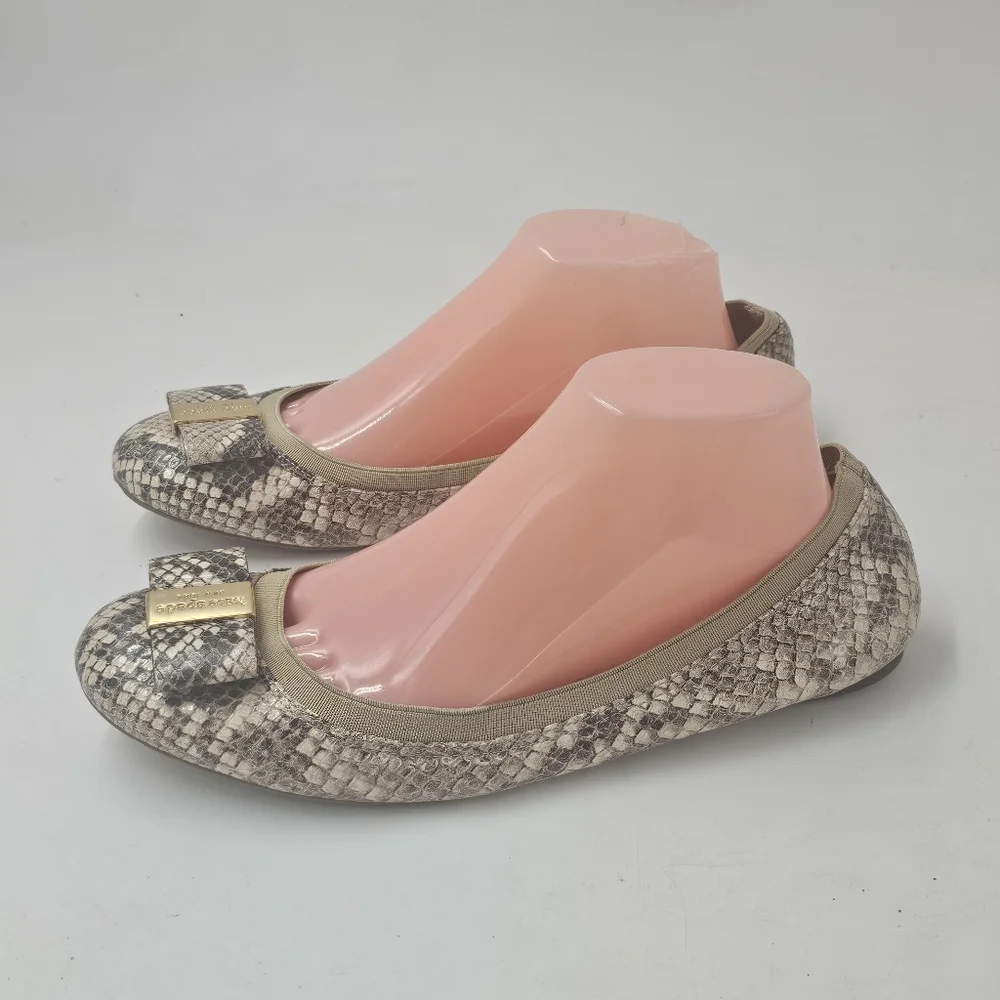 Kate Spade Tock Snakeskin Print Bow Ballet Flats Size 9.5 Gold Logo Plate Detail